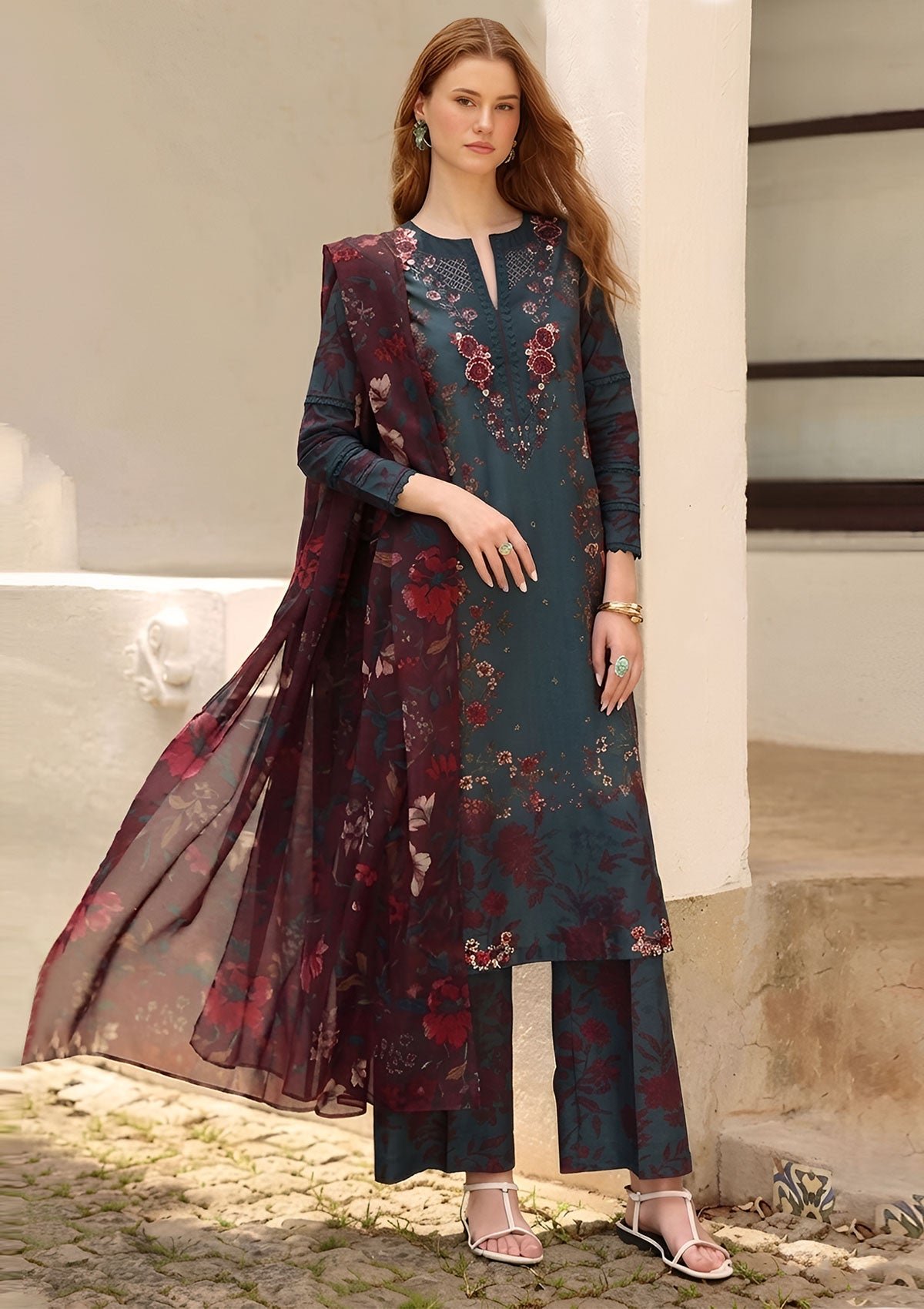 IZNIK-3PC LAWN PRINTED EMBROIDERED SHIRT WITH SILK PRINTED DUPATTA AND PRINTED EMB TROUSER