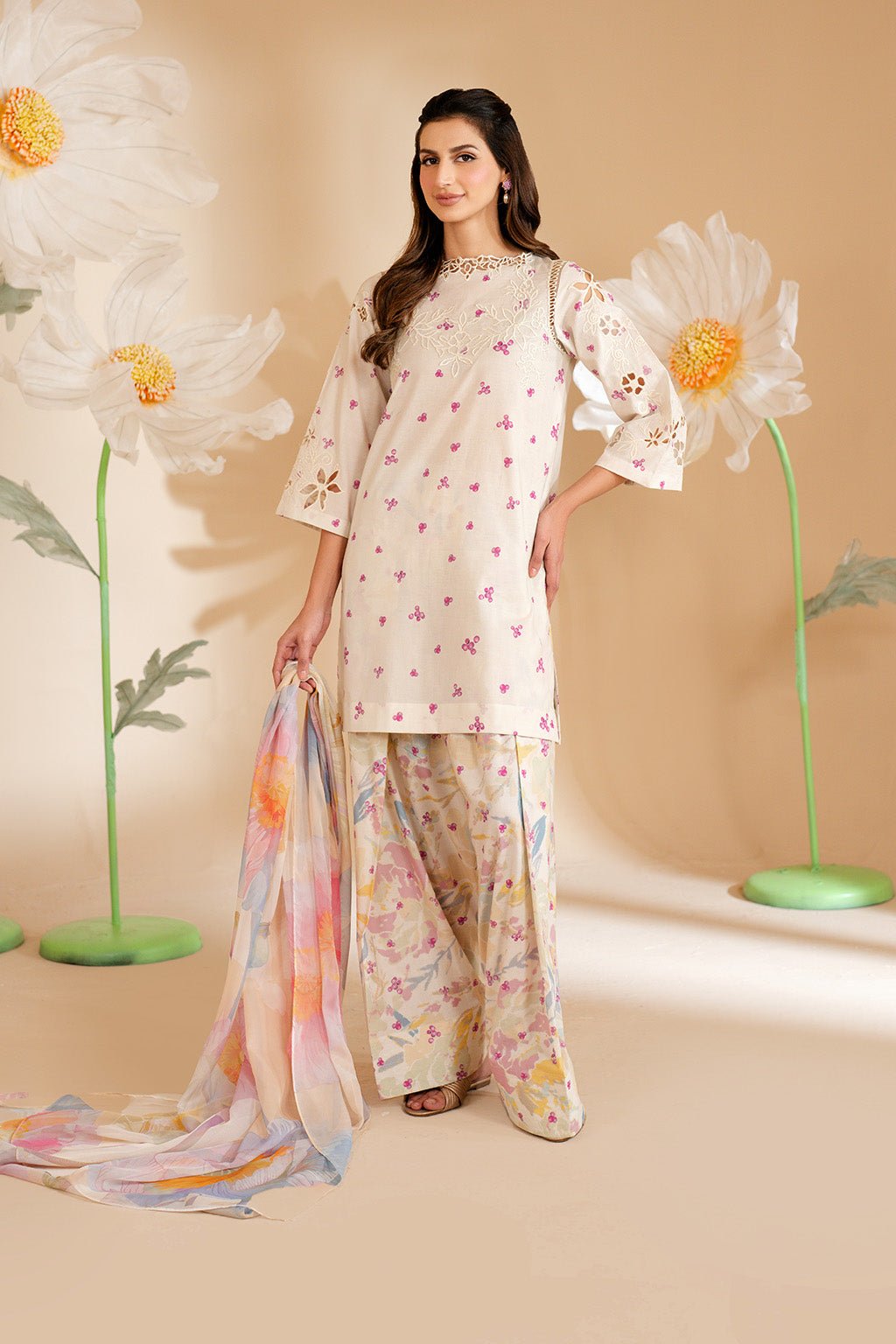 IZNIK-3PC LAWN PRINTED EMB SHIRT WITH SILK PRINTED DUPATTA AND PRINTED TROUSER
