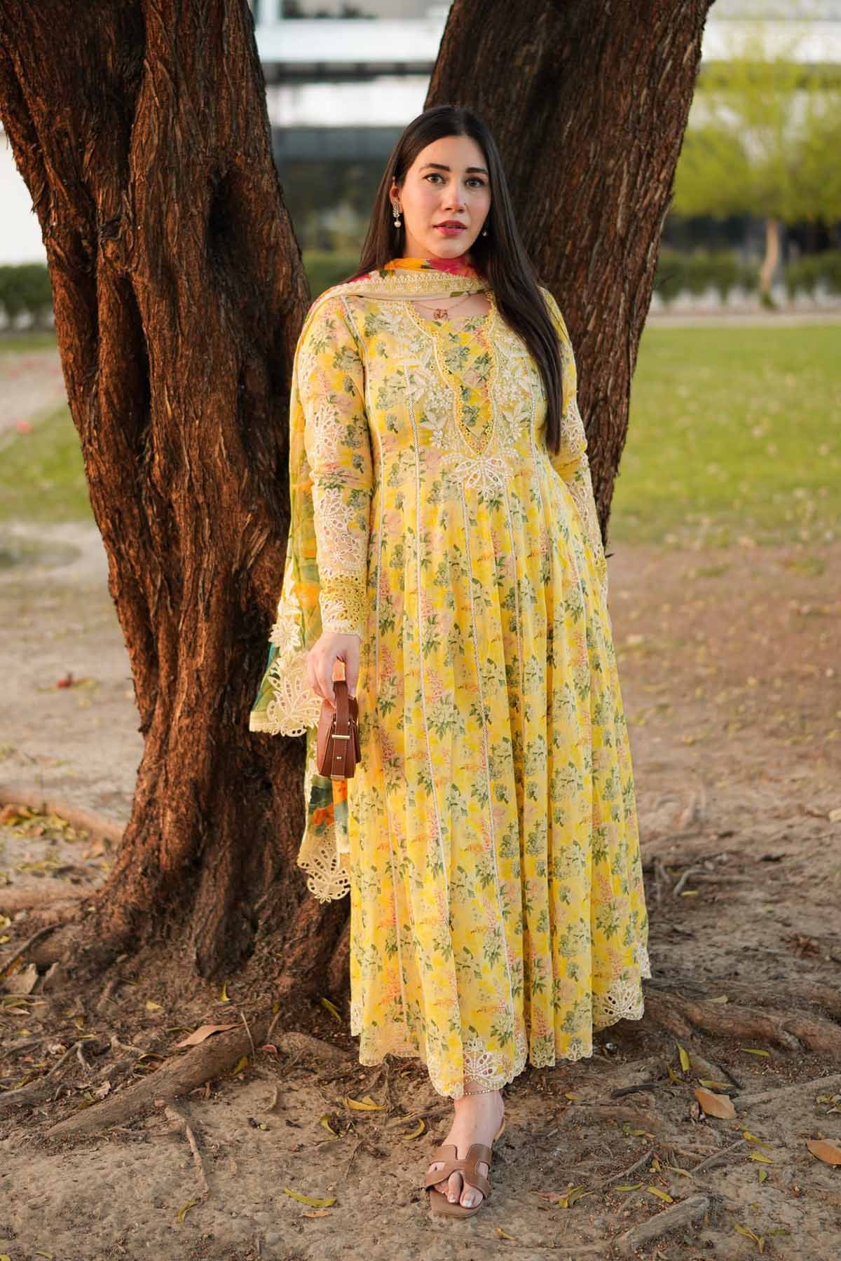 ANEELAS-3PC LAWN PRINTED EMB FROCK WITH SILK PRINTED EMB DUPATTA AND DYED TROUSER